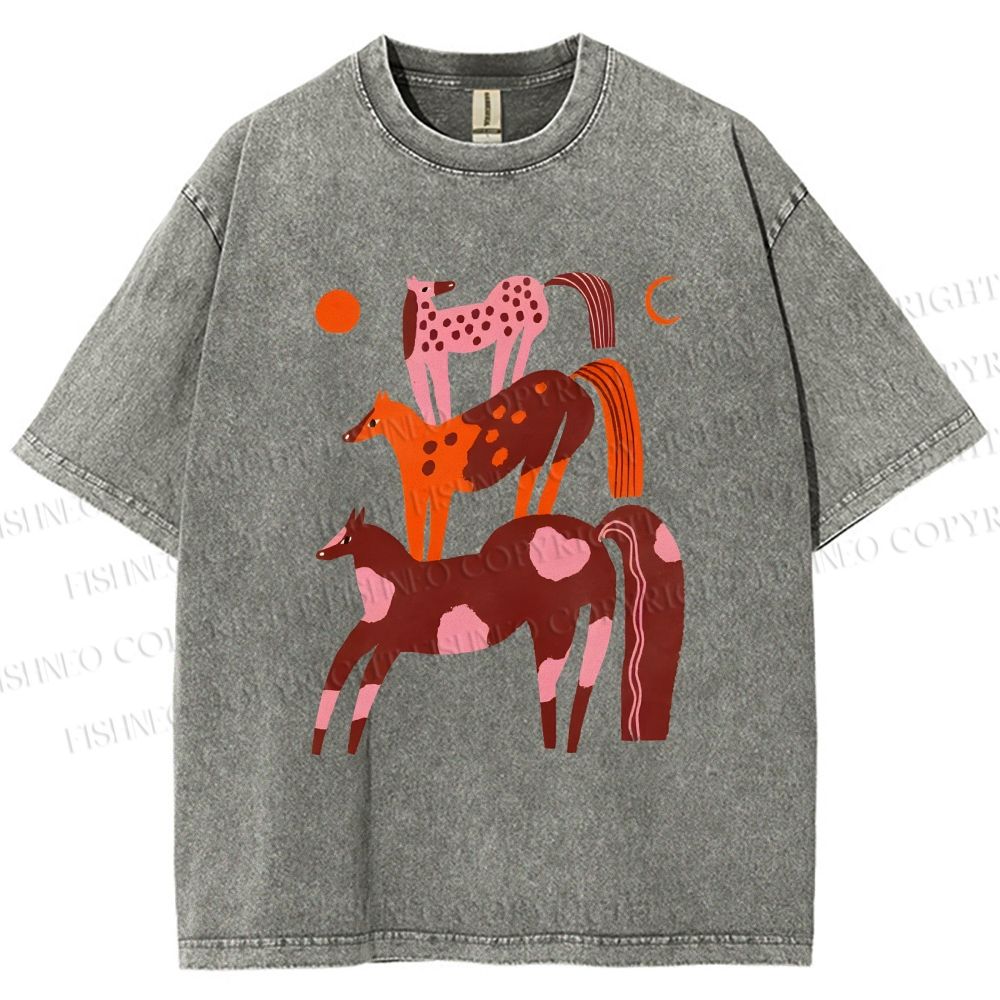 Unisex Colorful Cartoon Horse Printed Washed Tee