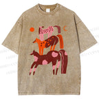 Unisex Colorful Cartoon Horse Printed Washed Tee