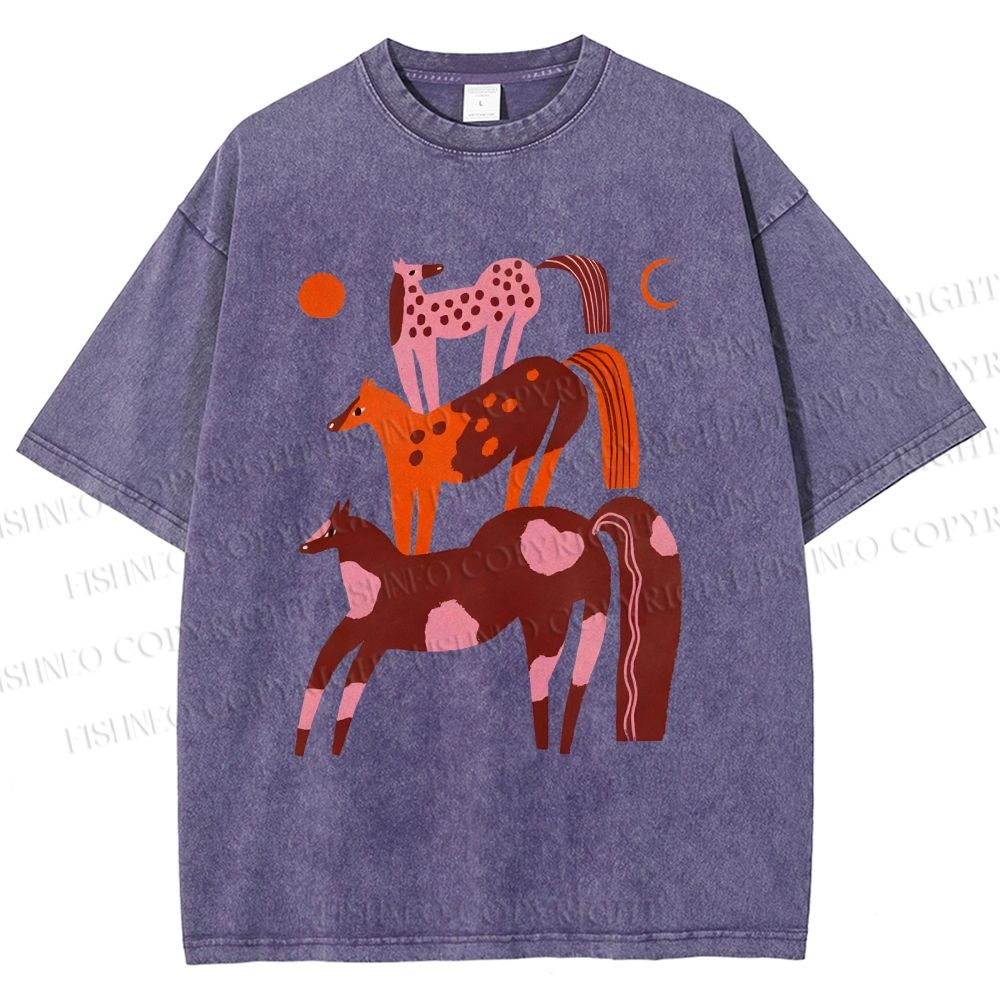 Unisex Colorful Cartoon Horse Printed Washed Tee