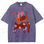 Unisex Colorful Cartoon Horse Printed Washed Tee