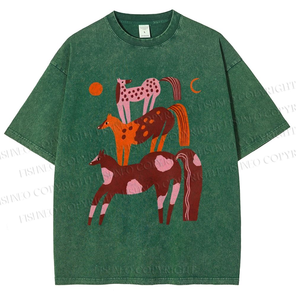 Unisex Colorful Cartoon Horse Printed Washed Tee