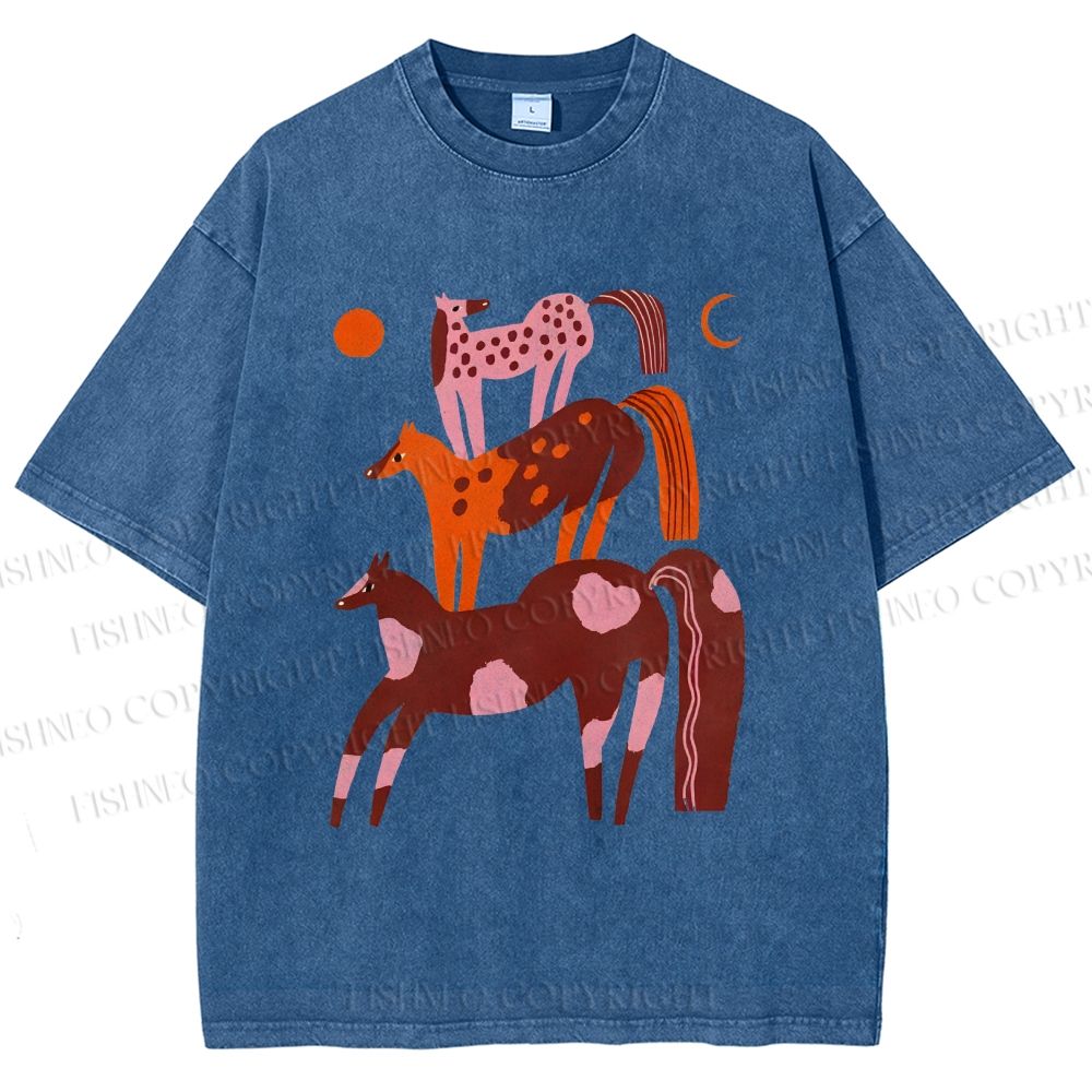 Unisex Colorful Cartoon Horse Printed Washed Tee
