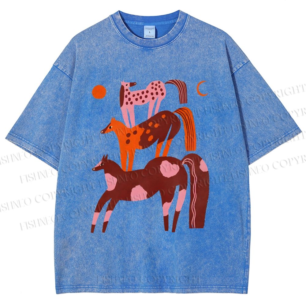 Unisex Colorful Cartoon Horse Printed Washed Tee