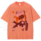 Unisex Colorful Cartoon Horse Printed Washed Tee