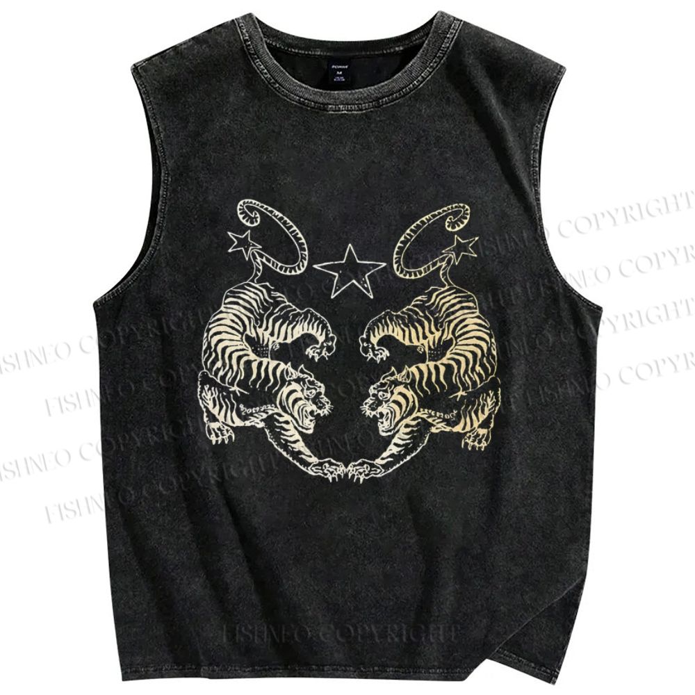 Unisex Tiger Printed Washed Tank Top
