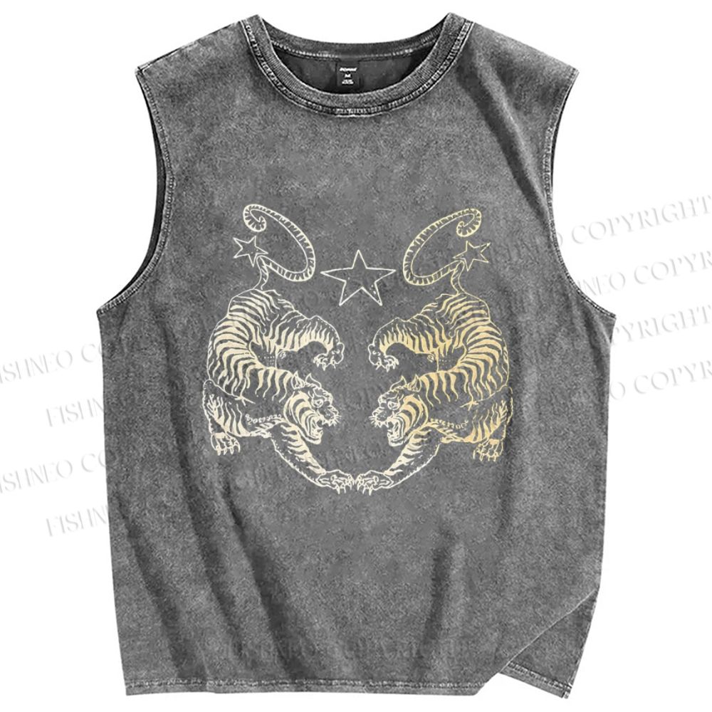 Unisex Tiger Printed Washed Tank Top