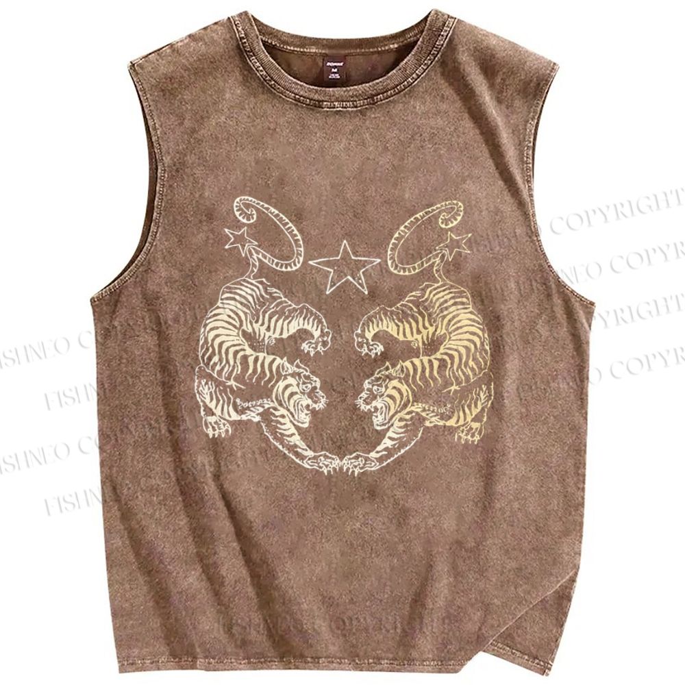 Unisex Tiger Printed Washed Tank Top