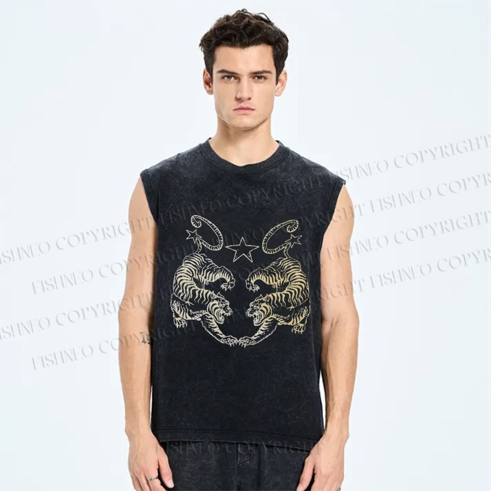 Unisex Tiger Printed Washed Tank Top