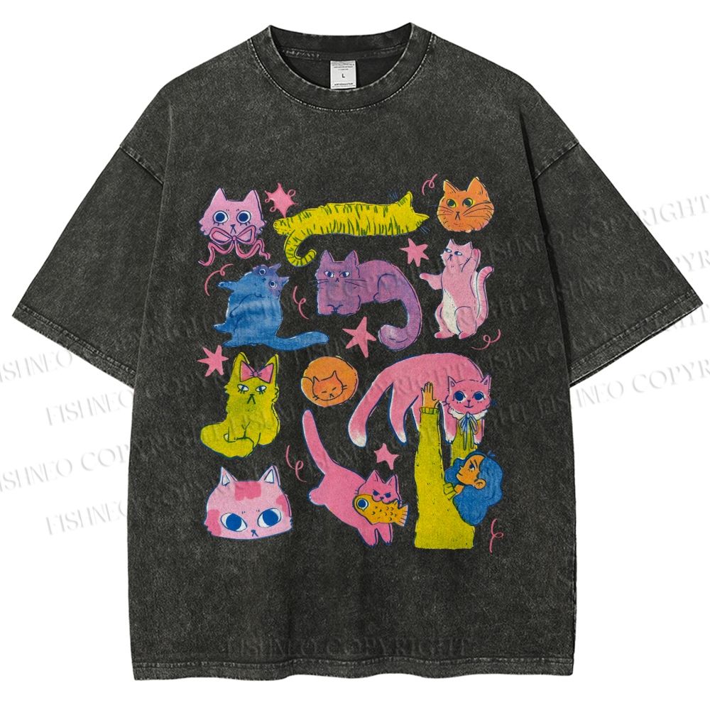 Unisex Colorful Cartoon Cat Printed Washed Tee