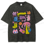 Unisex Colorful Cartoon Cat Printed Washed Tee