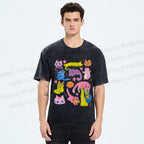Unisex Colorful Cartoon Cat Printed Washed Tee