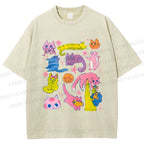 Unisex Colorful Cartoon Cat Printed Washed Tee