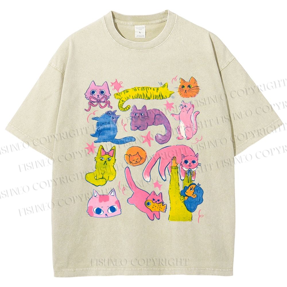 Unisex Colorful Cartoon Cat Printed Washed Tee