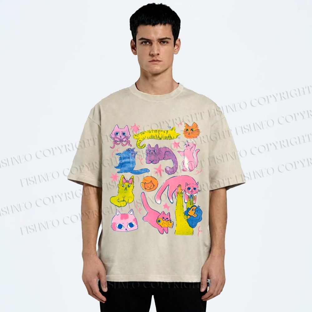 Unisex Colorful Cartoon Cat Printed Washed Tee