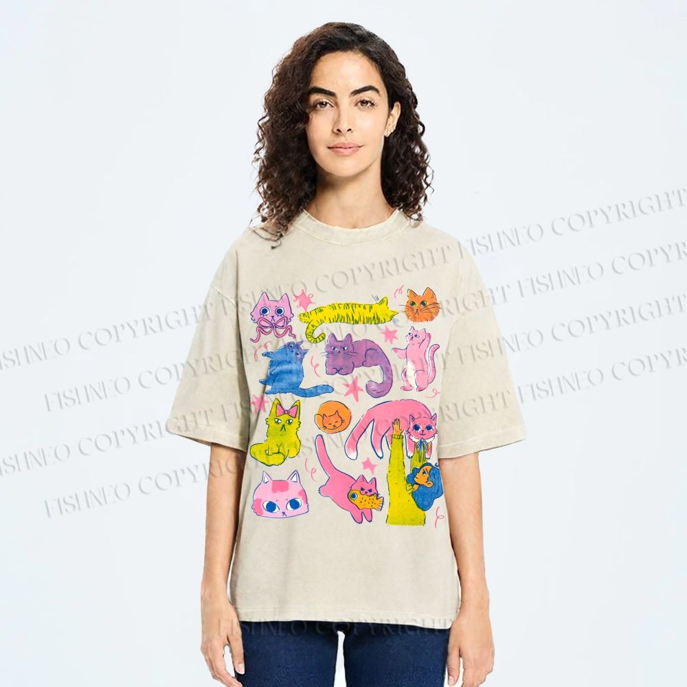 Unisex Colorful Cartoon Cat Printed Washed Tee