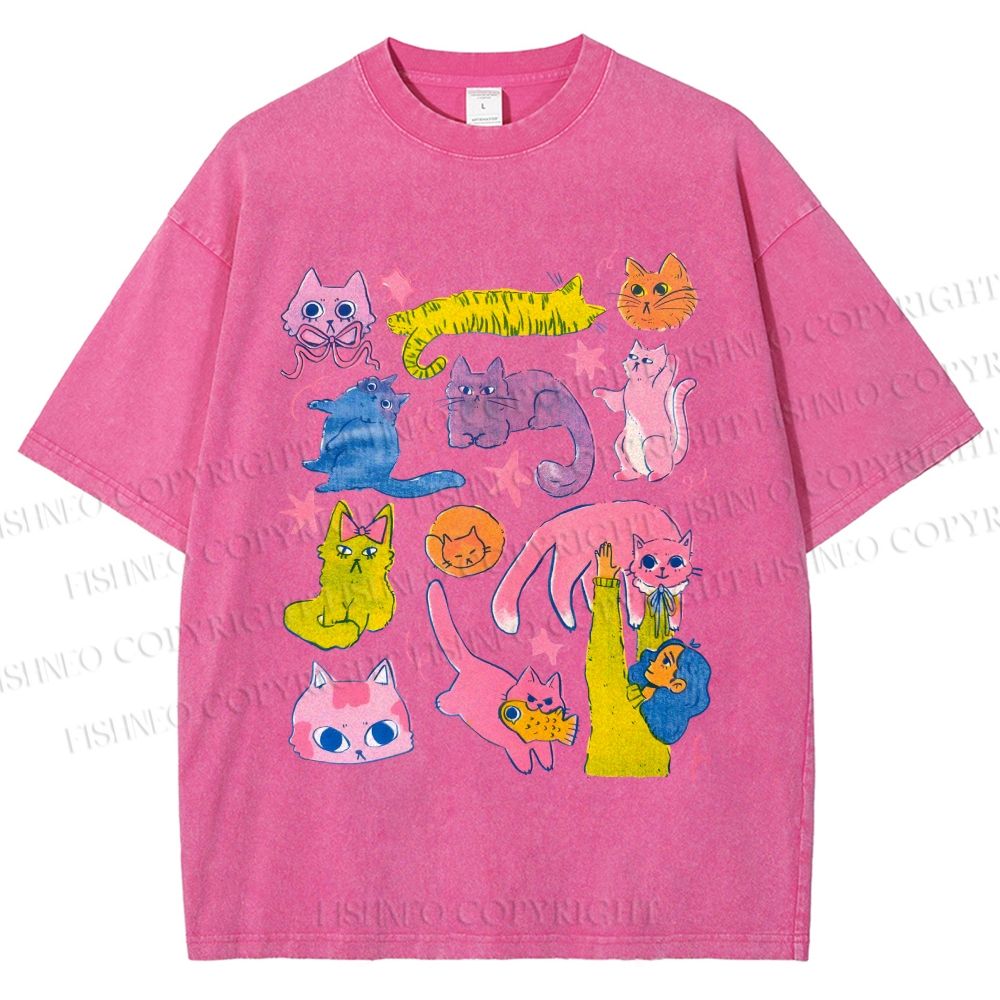 Unisex Colorful Cartoon Cat Printed Washed Tee