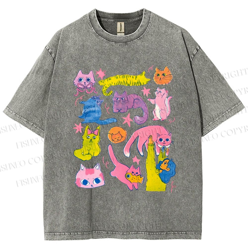 Unisex Colorful Cartoon Cat Printed Washed Tee
