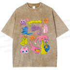 Unisex Colorful Cartoon Cat Printed Washed Tee