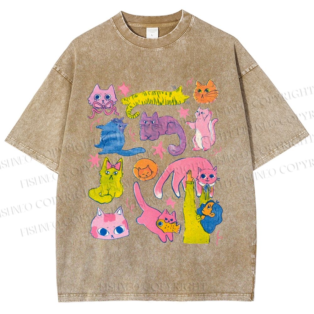 Unisex Colorful Cartoon Cat Printed Washed Tee