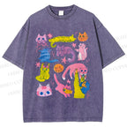 Unisex Colorful Cartoon Cat Printed Washed Tee