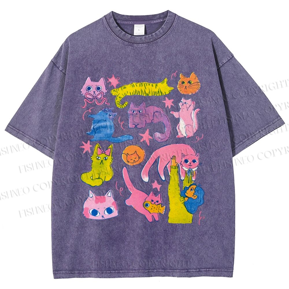 Unisex Colorful Cartoon Cat Printed Washed Tee