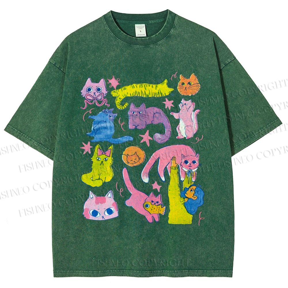 Unisex Colorful Cartoon Cat Printed Washed Tee