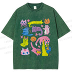 Unisex Colorful Cartoon Cat Printed Washed Tee