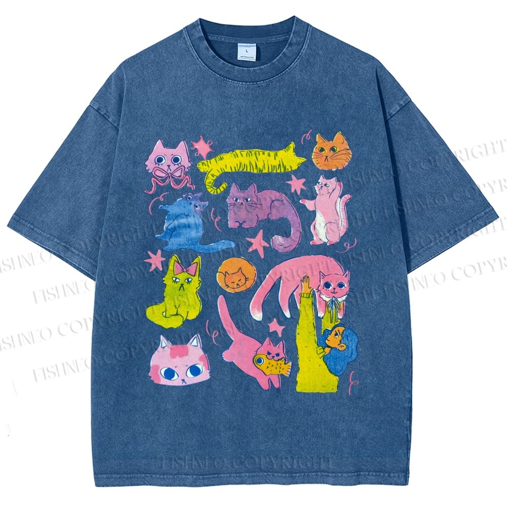 Unisex Colorful Cartoon Cat Printed Washed Tee