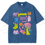 Unisex Colorful Cartoon Cat Printed Washed Tee