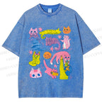 Unisex Colorful Cartoon Cat Printed Washed Tee