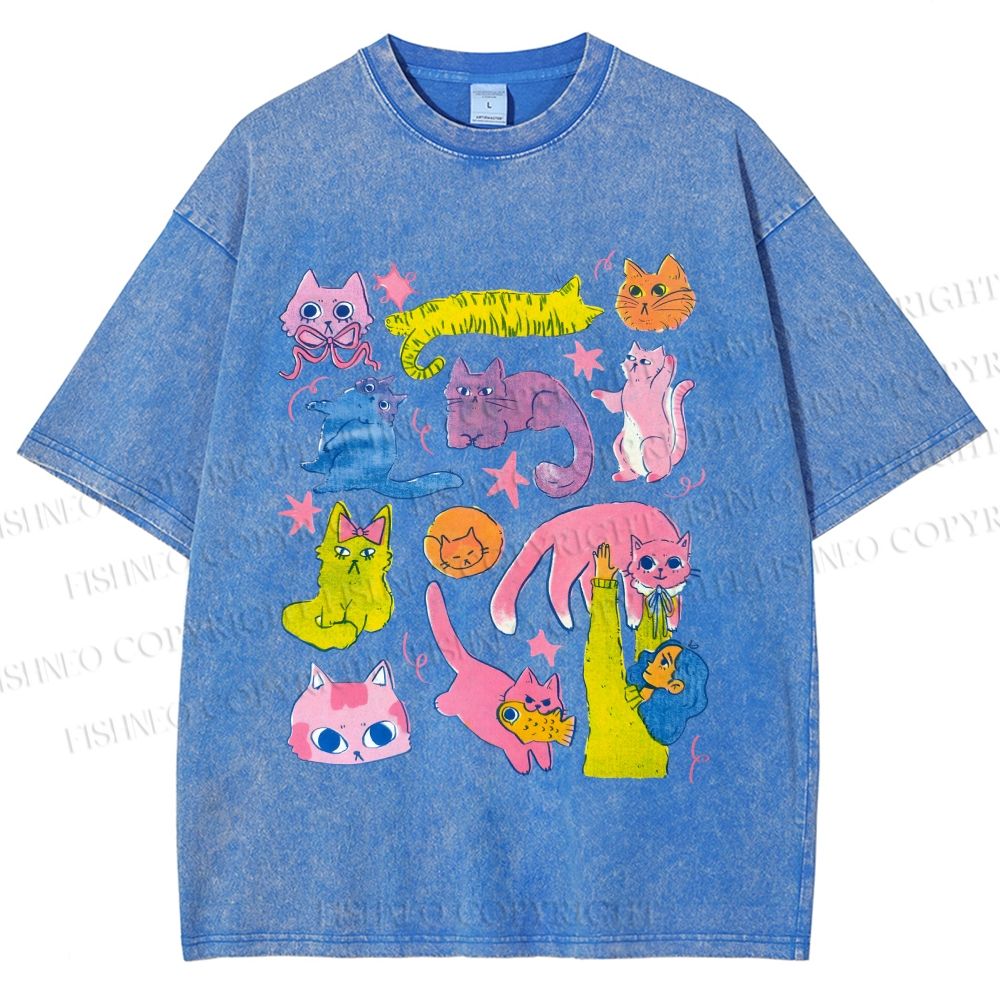 Unisex Colorful Cartoon Cat Printed Washed Tee