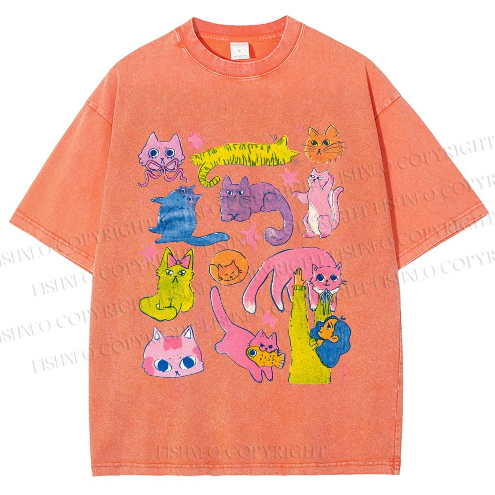 Unisex Colorful Cartoon Cat Printed Washed Tee