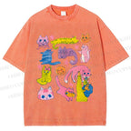 Unisex Colorful Cartoon Cat Printed Washed Tee