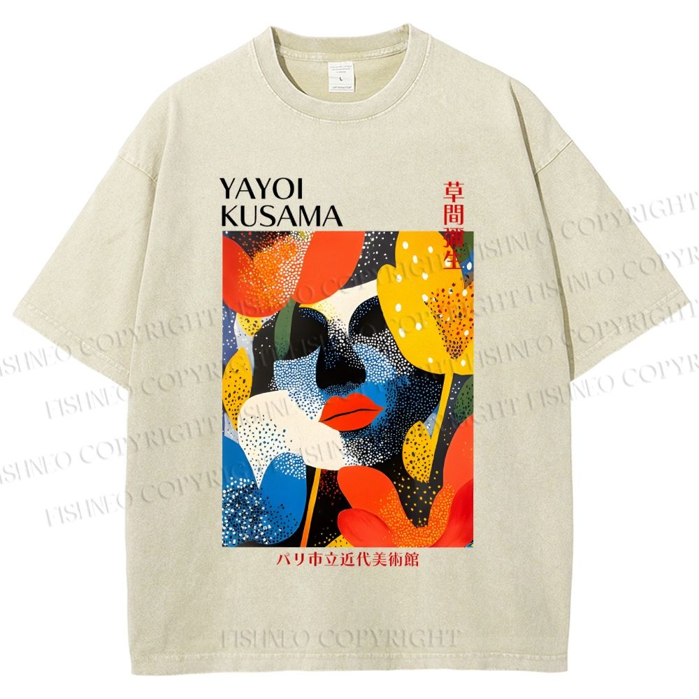 Unisex Yayoi Kusama Artistic Flowers Portrait Printed Washed Tee