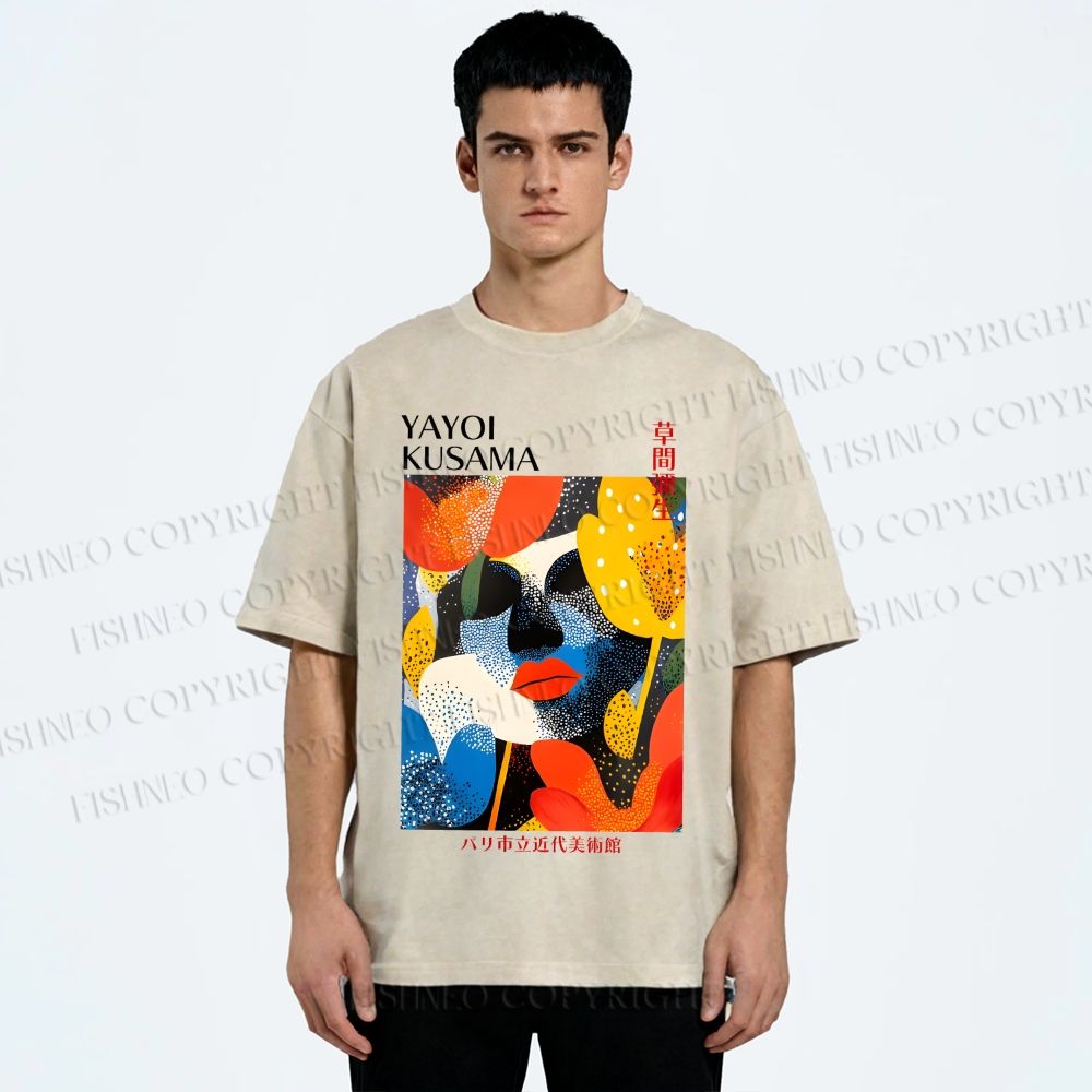 Unisex Yayoi Kusama Artistic Flowers Portrait Printed Washed Tee