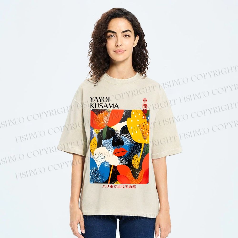 Unisex Yayoi Kusama Artistic Flowers Portrait Printed Washed Tee