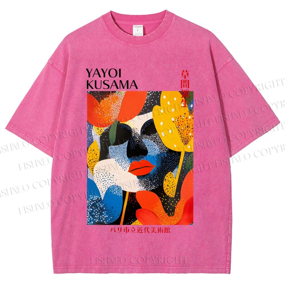 Unisex Yayoi Kusama Artistic Flowers Portrait Printed Washed Tee