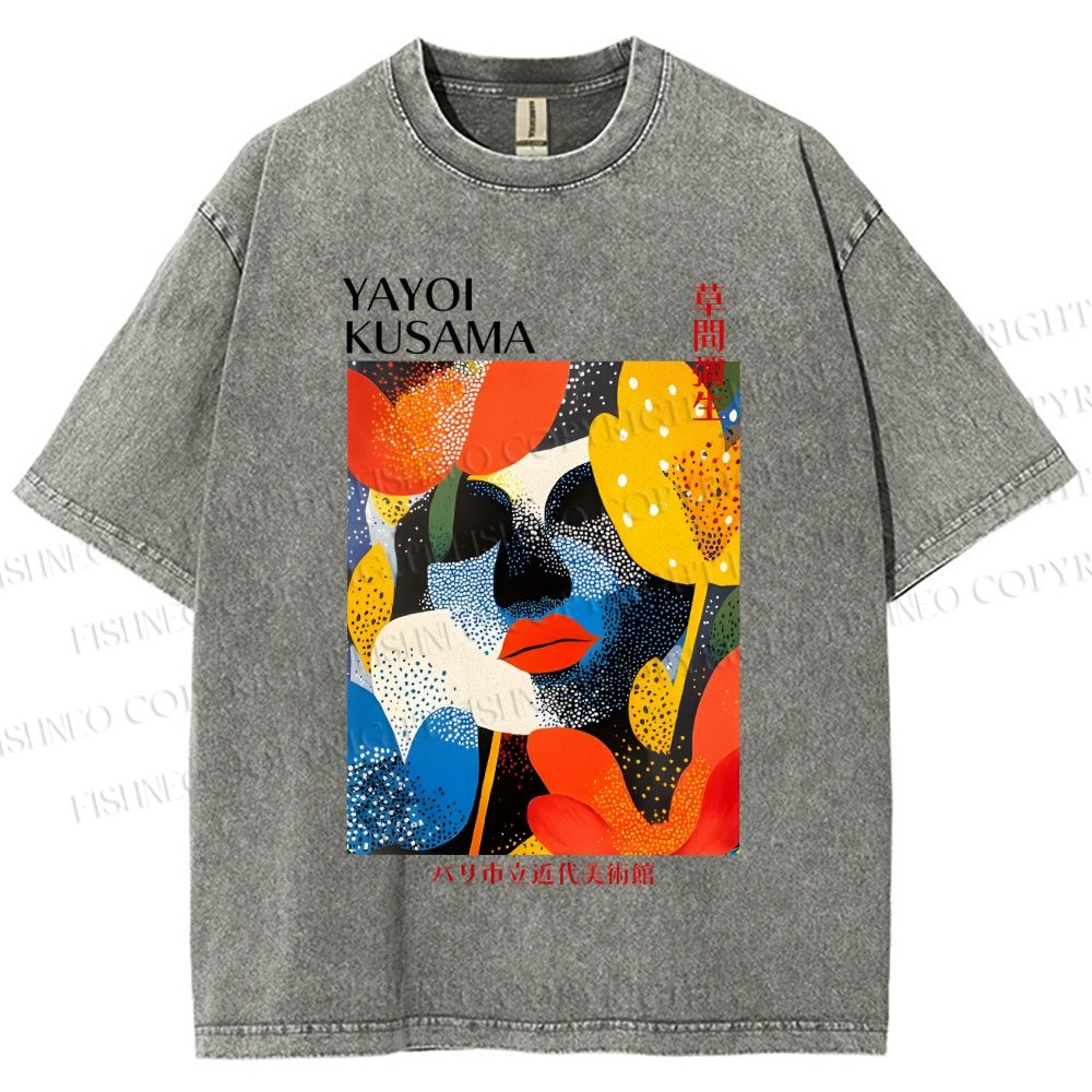 Unisex Yayoi Kusama Artistic Flowers Portrait Printed Washed Tee