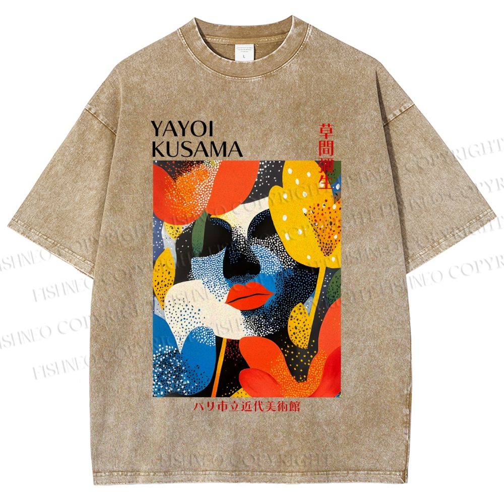 Unisex Yayoi Kusama Artistic Flowers Portrait Printed Washed Tee