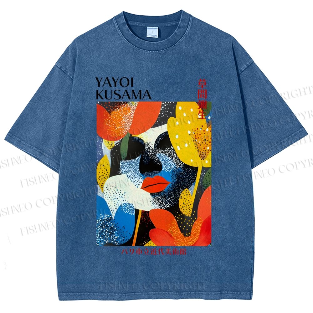 Unisex Yayoi Kusama Artistic Flowers Portrait Printed Washed Tee