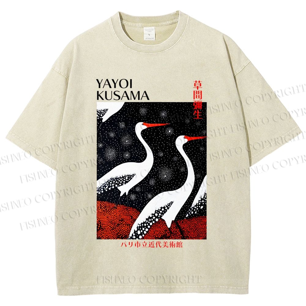Unisex Yayoi Kusama Japanese Crane Printed Washed Tee