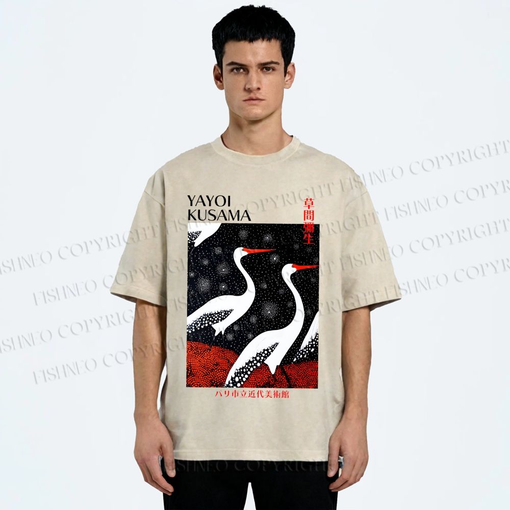 Unisex Yayoi Kusama Japanese Crane Printed Washed Tee