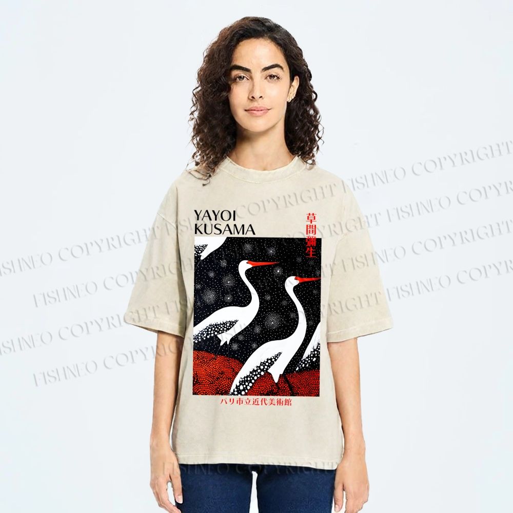 Unisex Yayoi Kusama Japanese Crane Printed Washed Tee