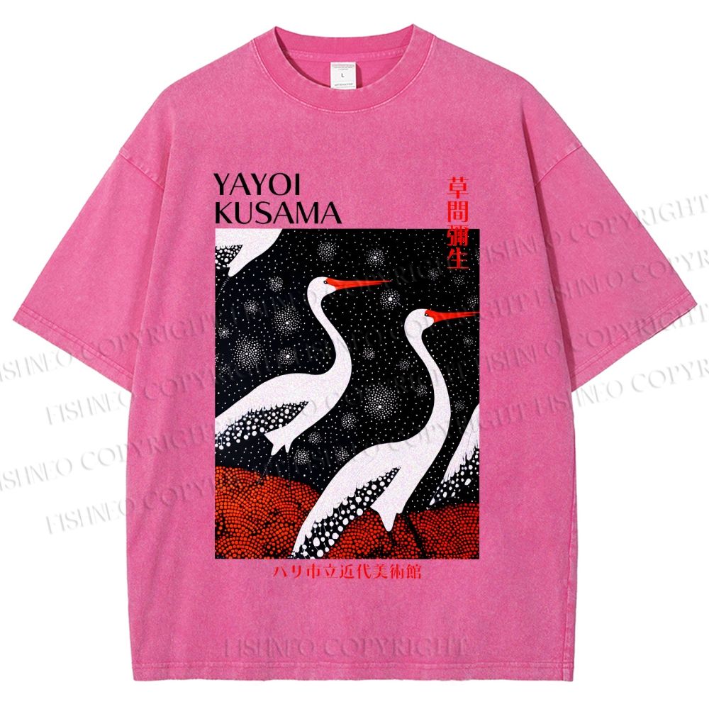 Unisex Yayoi Kusama Japanese Crane Printed Washed Tee
