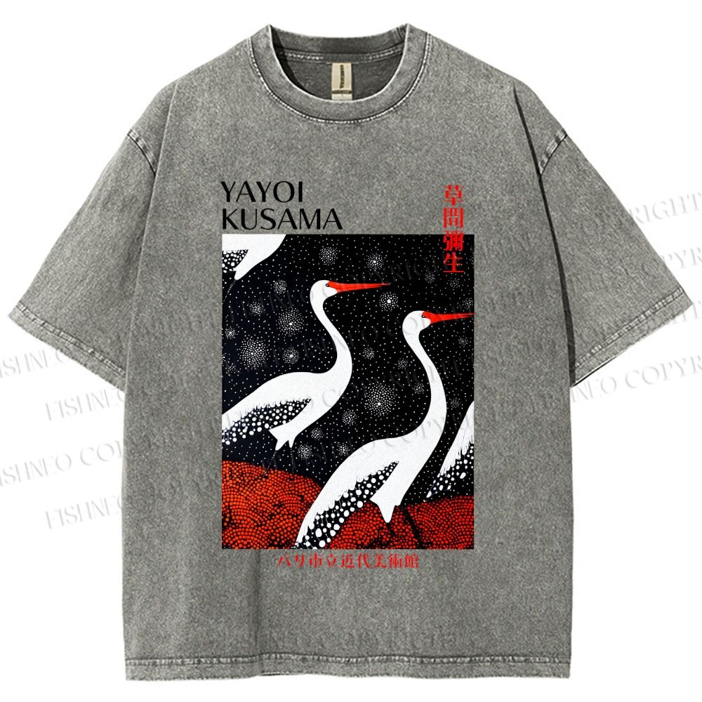 Unisex Yayoi Kusama Japanese Crane Printed Washed Tee