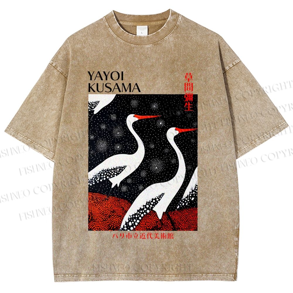 Unisex Yayoi Kusama Japanese Crane Printed Washed Tee