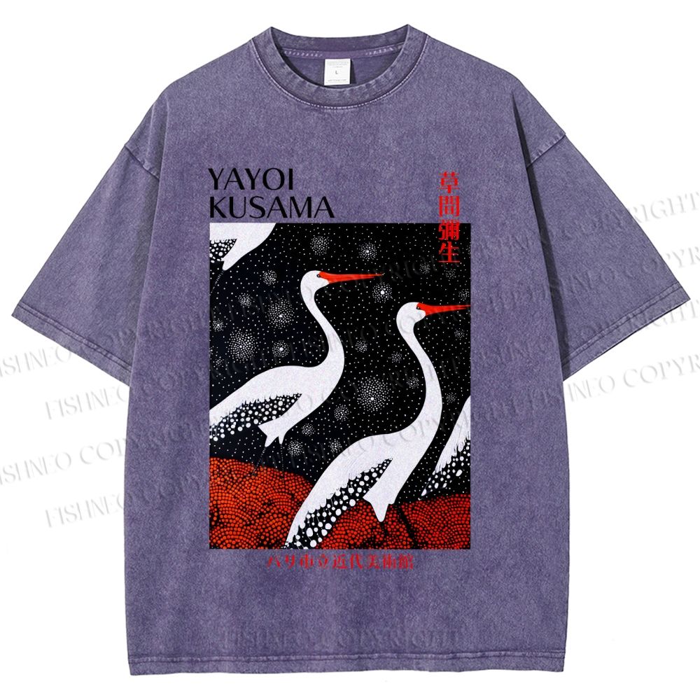 Unisex Yayoi Kusama Japanese Crane Printed Washed Tee