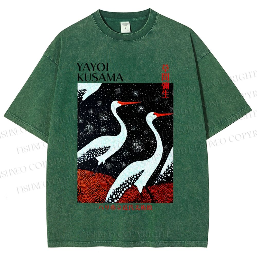 Unisex Yayoi Kusama Japanese Crane Printed Washed Tee