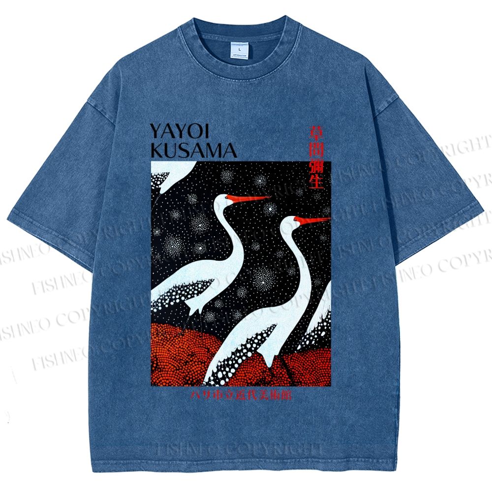 Unisex Yayoi Kusama Japanese Crane Printed Washed Tee