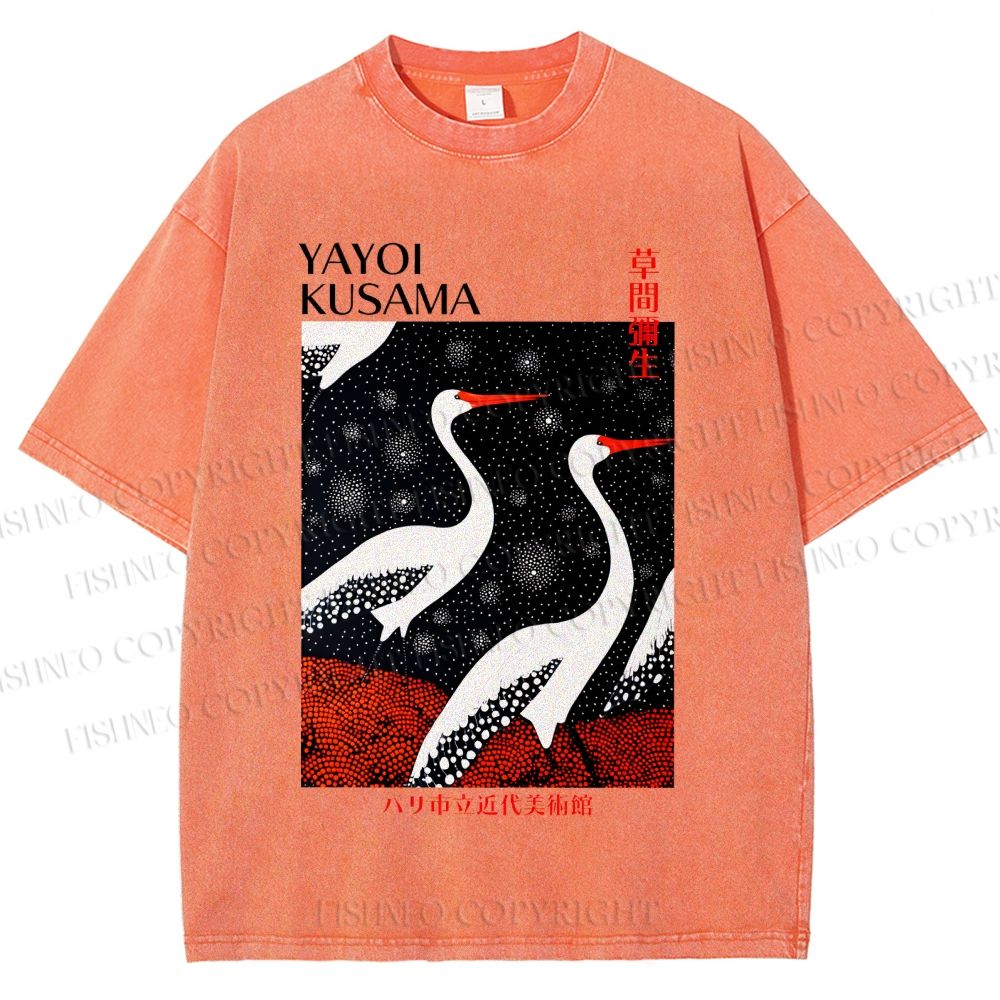 Unisex Yayoi Kusama Japanese Crane Printed Washed Tee